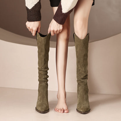 Over Best-selling V Cut Knee-high Boots Chunky Heel New Autumn And Winter