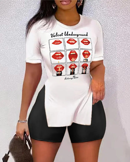 Best Selling Women's Clothes Fashion Trendy Split Short Sleeve Casual Shorts Two-piece Set